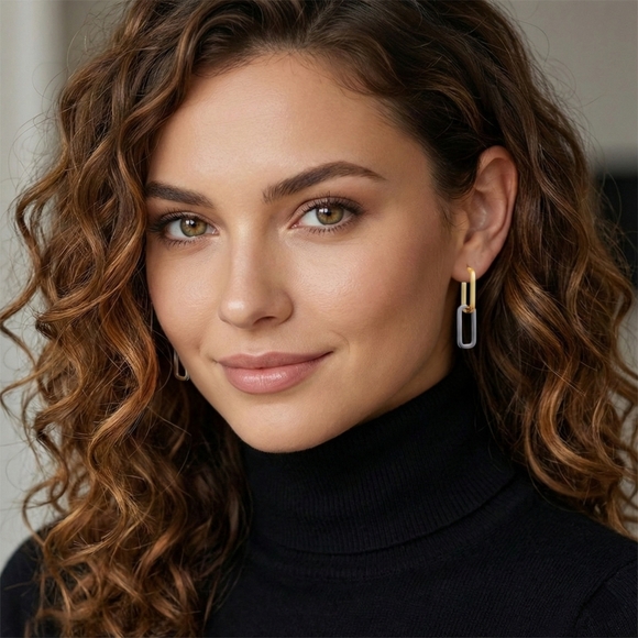 Minimalist Chic Two Tone C Hoop Earrings 18K Gold Plated Stainless Steel - Picture 8 of 14